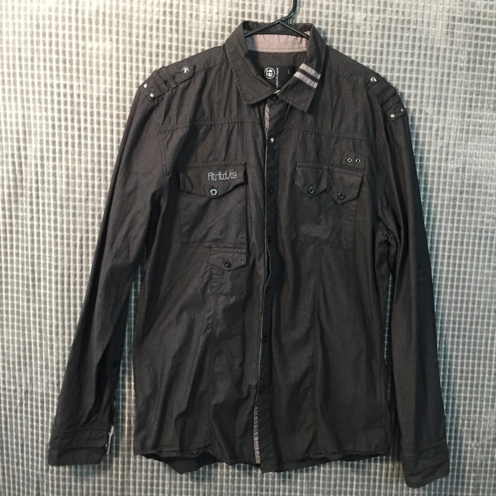 FLTR‎ Faith Loyalty Truth Respect Mens Large Black Military Utility Button Shirt